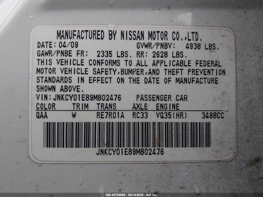 INFINITI M35 2009 VIN JNKCY01E89M802476