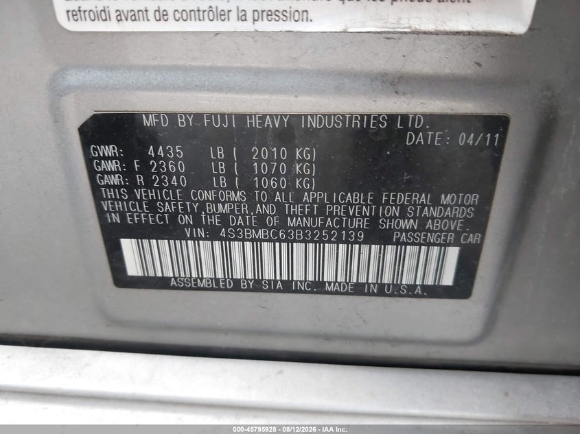 SUBARU LEGACY 2011 VIN 4S3BMBC63B3252139