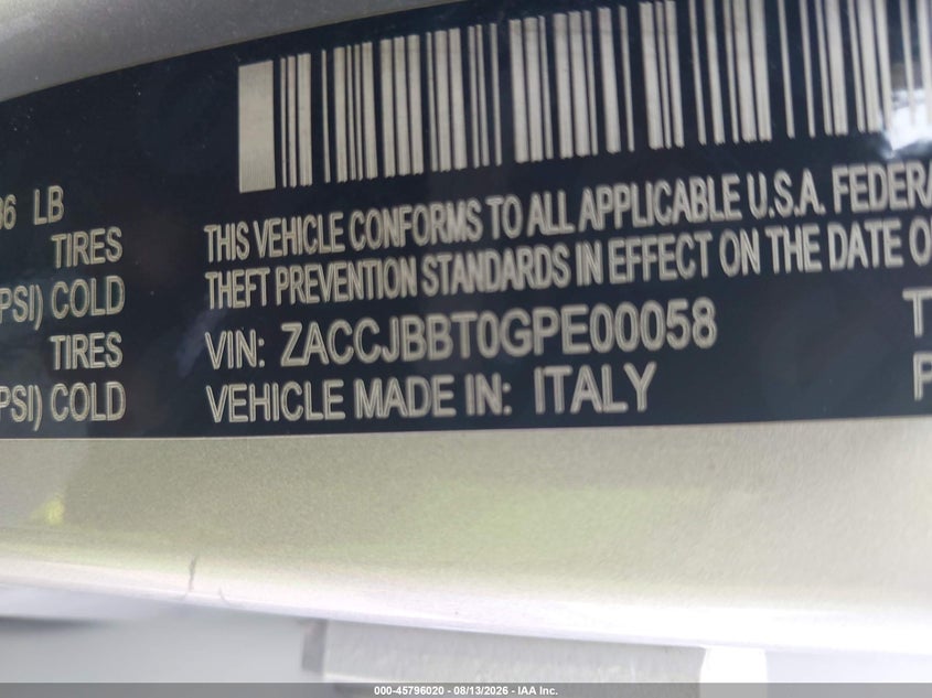 JEEP RENEGADE 2016 VIN ZACCJBBT0GPE00058