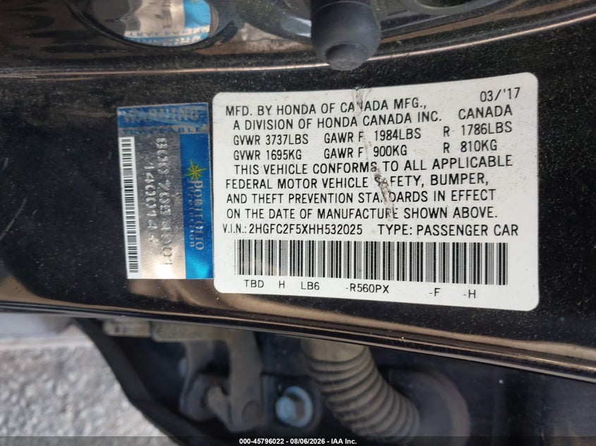 2017 HONDA CIVIC SEDAN 2.0L I-4 DOHC, VVT, 158HP
