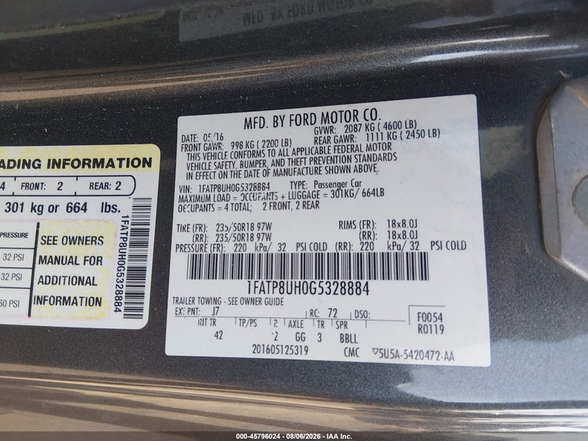 FORD MUSTANG 2016 VIN 1FATP8UH0G5328884