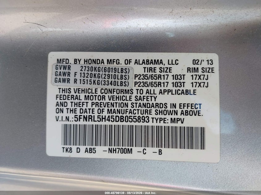HONDA ODYSSEY 2013 VIN 5FNRL5H45DB055893