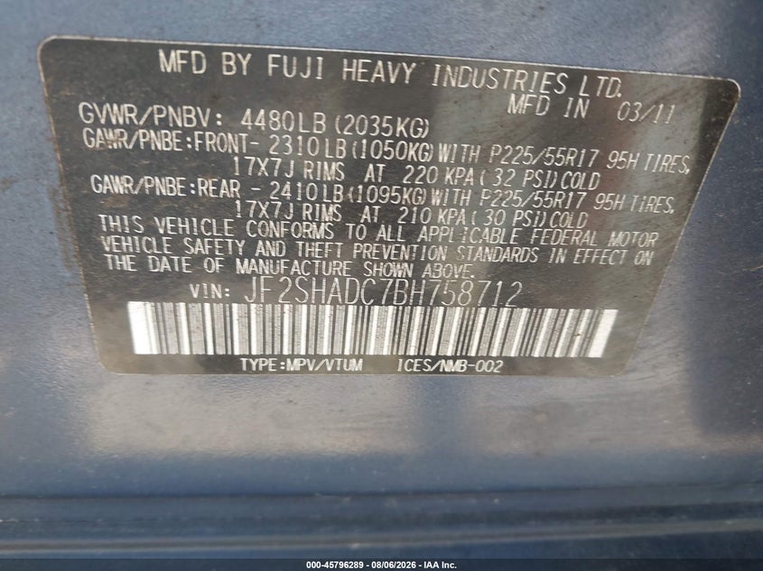 SUBARU FORESTER 2011 VIN JF2SHADC7BH758712