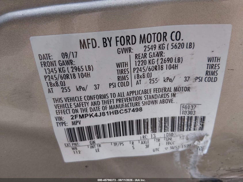 2017 FORD EDGE SPORT UTILITY VEHICLE 3.5L V6 FI DOHC 24V NF4