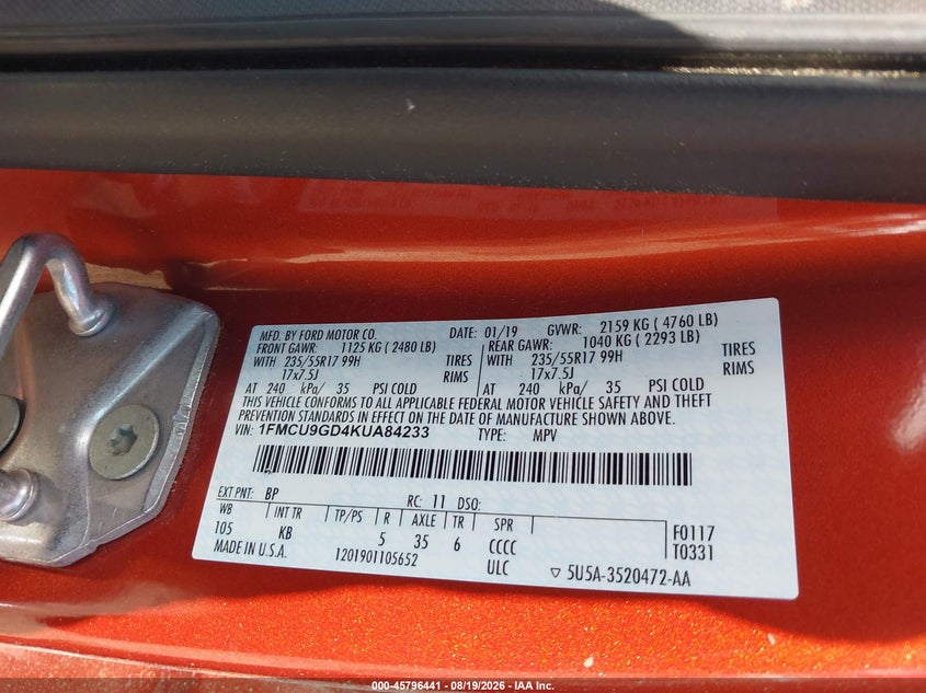 FORD ESCAPE 2019 VIN 1FMCU9GD4KUA84233