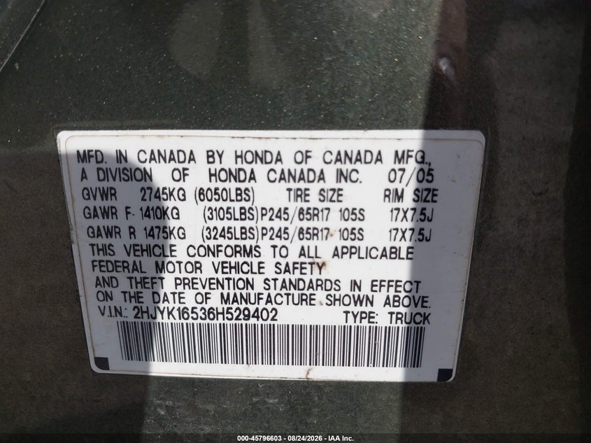 HONDA RIDGELINE 2006 VIN 2HJYK16536H529402