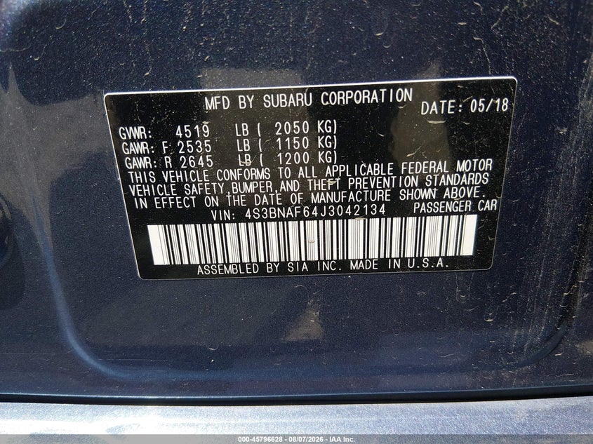 2018 SUBARU LEGACY SEDAN 2.5L H-4 DOHC, VVT, 175HP