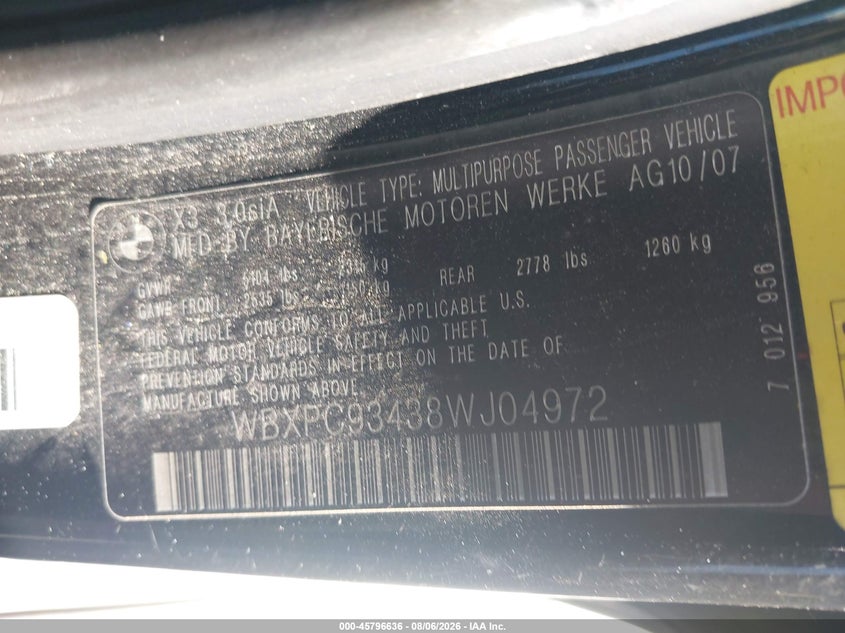 2008 BMW X3 SPORT UTILITY VEHICLE 3.0L I-6 DOHC, VVT, 260HP
