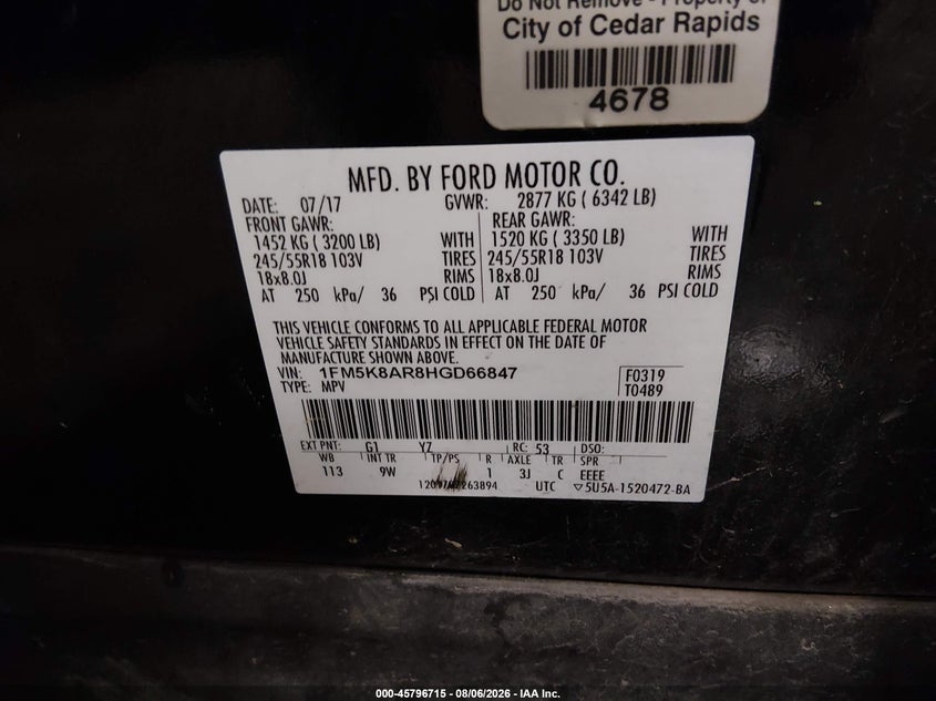 FORD UTILITY POLICE INTERCEPTOR 2017 VIN 1FM5K8AR8HGD66847