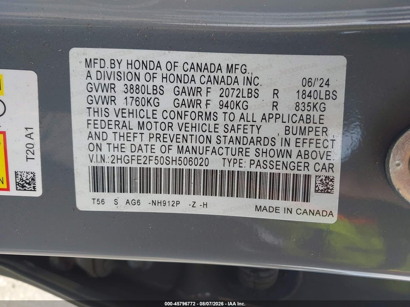 HONDA CIVIC 2025 VIN 2HGFE2F50SH506020