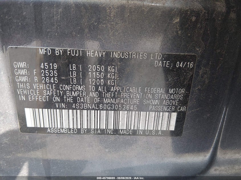 2016 SUBARU LEGACY SEDAN 2.5L H-4 DOHC, VVT, 175HP