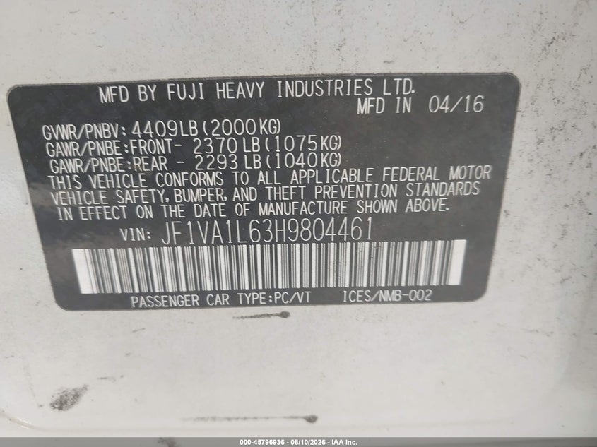 2017 SUBARU WRX SEDAN 2.0L H-4 DI, DOHC, VVT, TURBO, 268HP