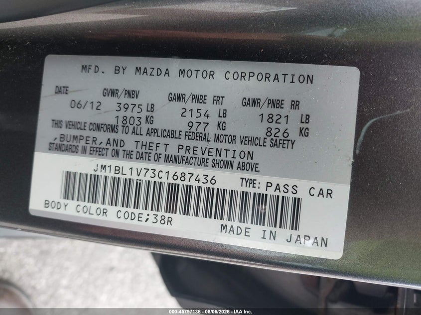 MAZDA MAZDA3 2012 VIN JM1BL1V73C1687436
