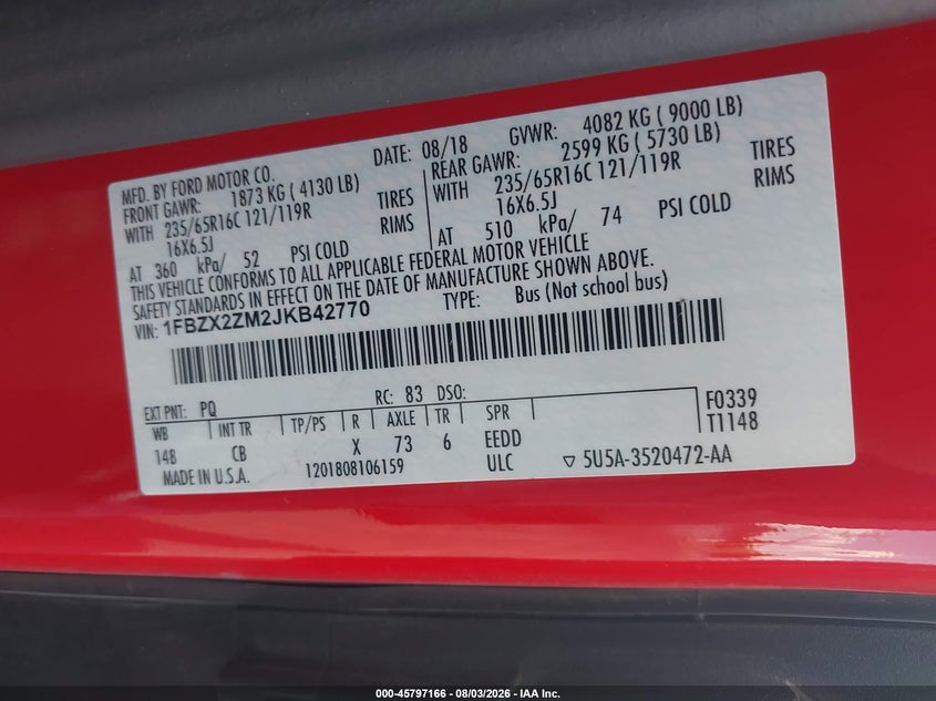 FORD TRANSIT-350 2018 VIN 1FBZX2ZM2JKB42770