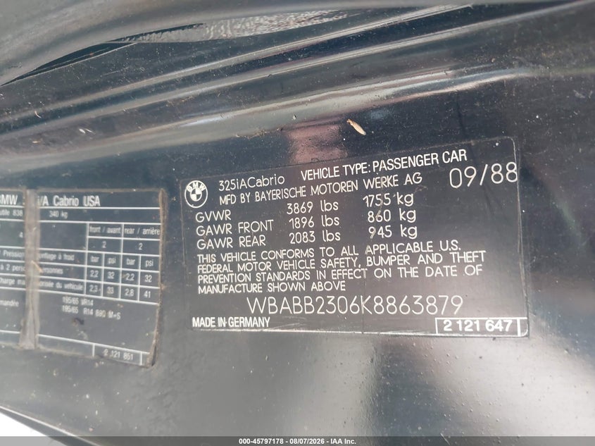 1989 BMW 3ER CABRIO 2.5L I6 FI SOHC F