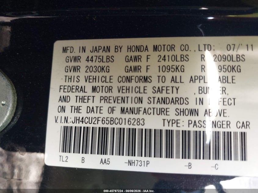 ACURA TSX 2011 VIN JH4CU2F65BC016283