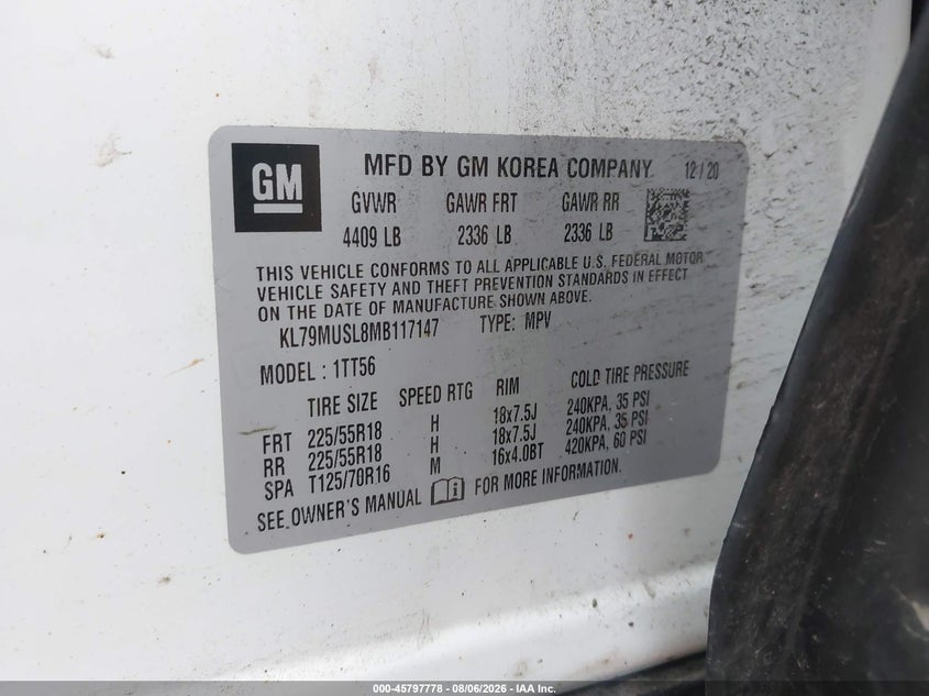 CHEVROLET TRAILBLAZER 2021 VIN KL79MUSL8MB117147