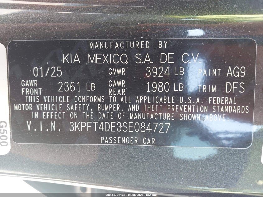 KIA K4 2025 VIN 3KPFT4DE3SE084727