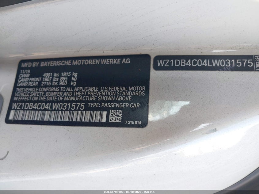 TOYOTA GR SUPRA 2020 VIN WZ1DB4C04LW031575