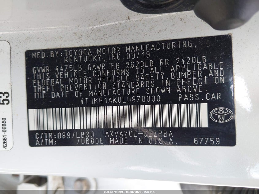TOYOTA CAMRY 2020 VIN 4T1K61AK0LU870000