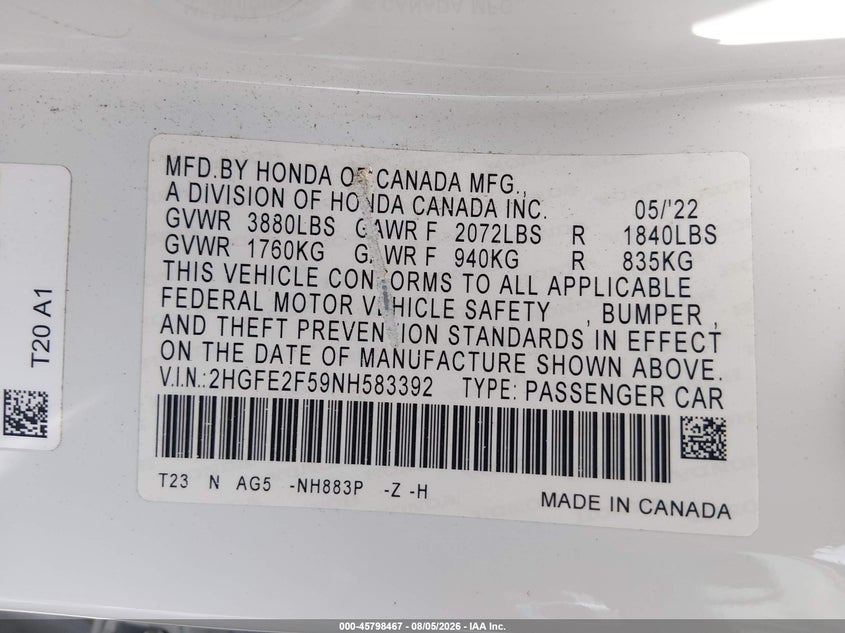 HONDA CIVIC 2022 VIN 2HGFE2F59NH583392