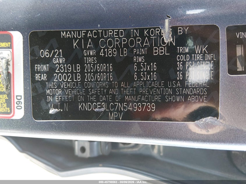 KIA NIRO 2022 VIN KNDCE3LC7N5493739