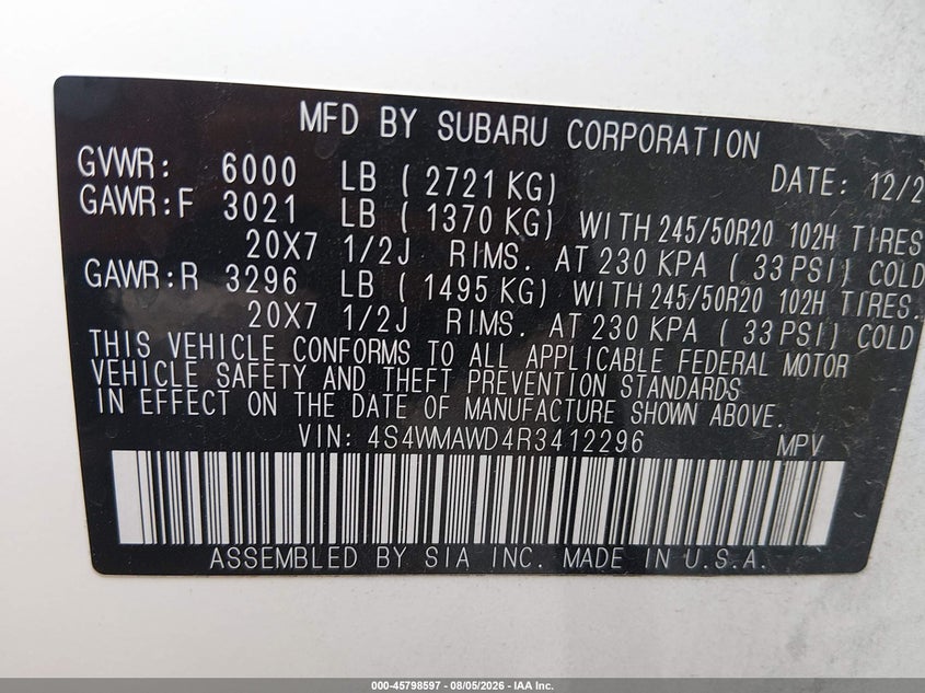 SUBARU ASCENT 2024 VIN 4S4WMAWD4R3412296