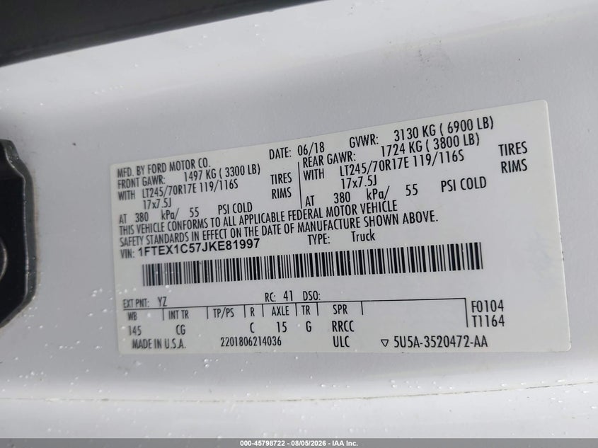 Vin: 1ftex1c57jke81997, lot: 46297553, ford f-150 xl 20184
