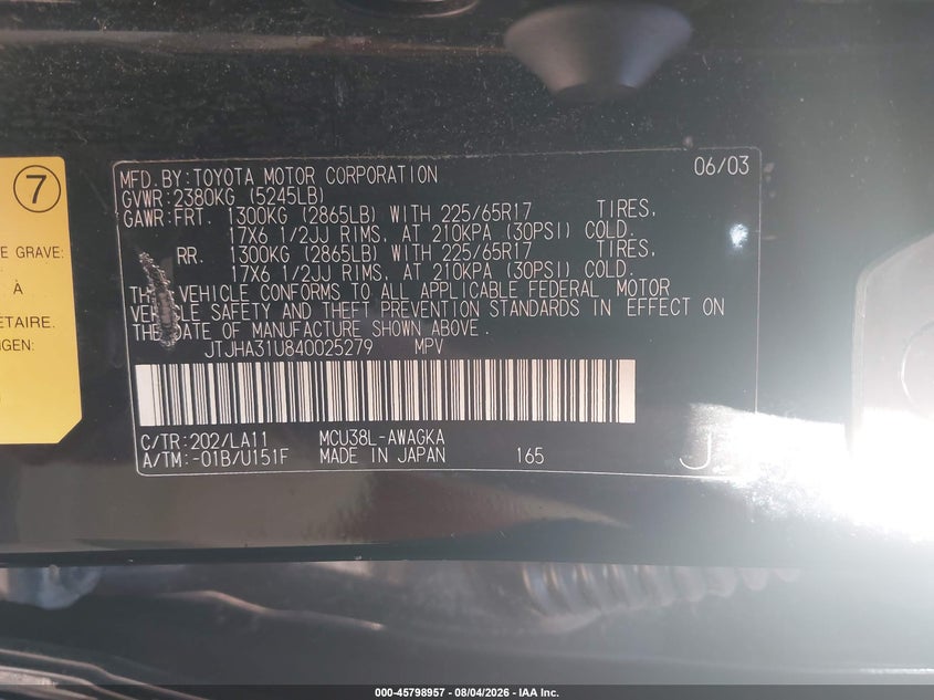 2004 LEXUS RX SPORT UTILITY VEHICLE 3.3L V-6 DOHC, VVT, 230HP