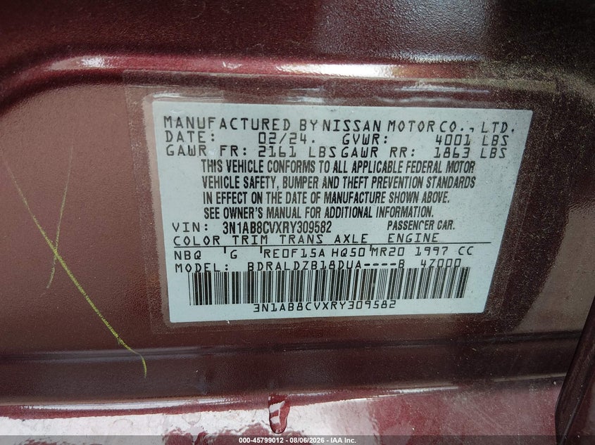 NISSAN SENTRA 2024 VIN 3N1AB8CVXRY309582