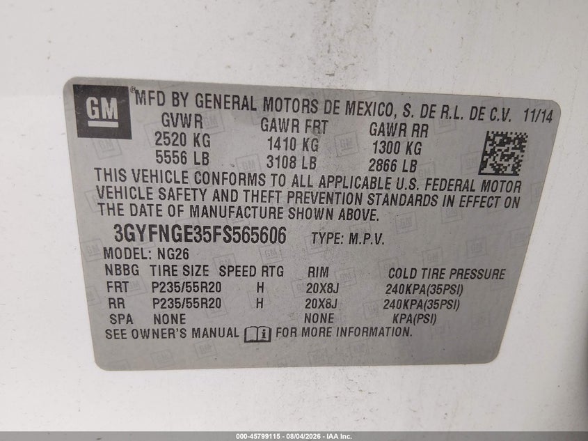 CADILLAC SRX 2015 VIN 3GYFNGE35FS565606
