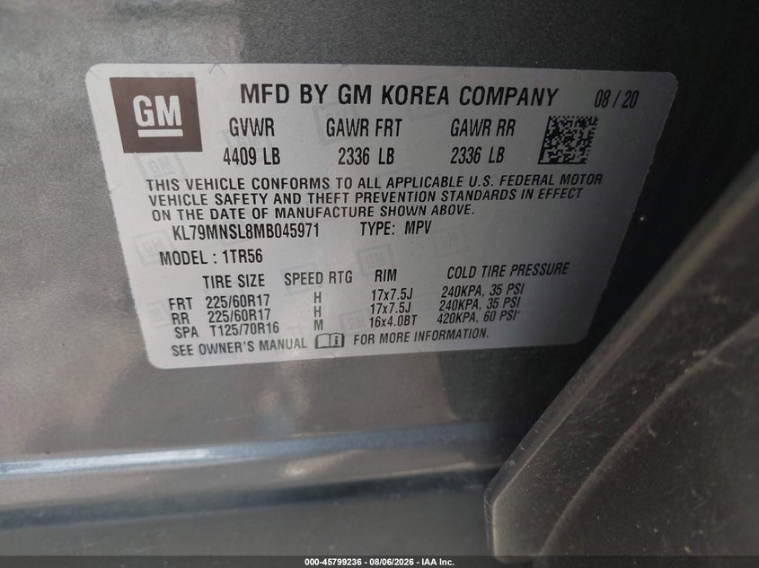 CHEVROLET TRAILBLAZER 2021 VIN KL79MNSL8MB045971