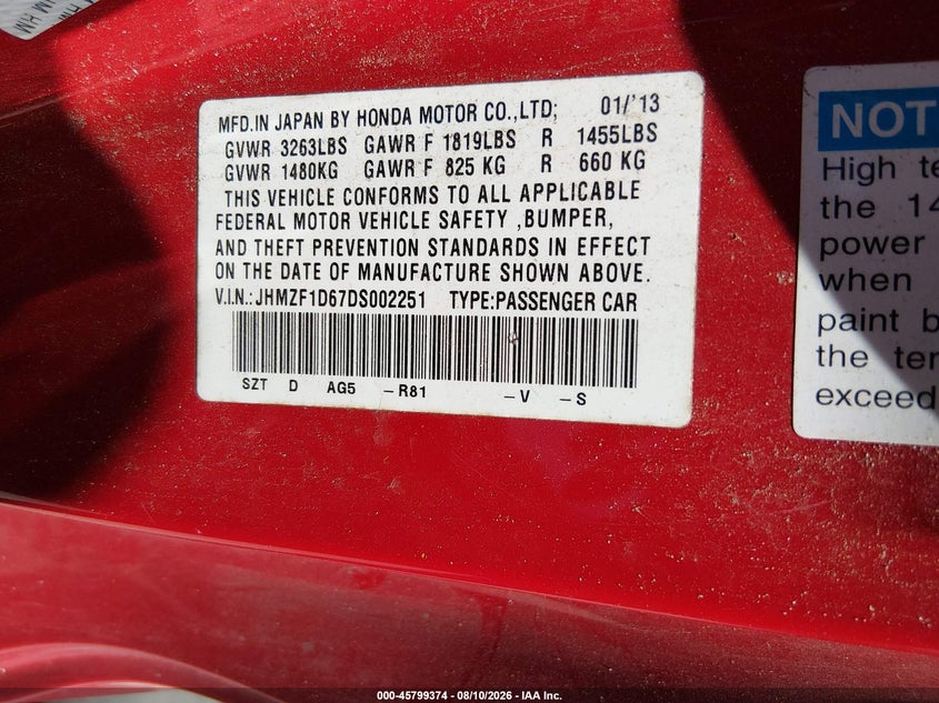 HONDA CR-Z 2013 VIN JHMZF1D67DS002251