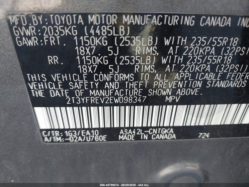 2014 TOYOTA RAV 4 SPORT UTILITY VEHICLE 2.5L I-4 DOHC, VVT, 176HP