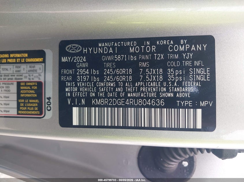 HYUNDAI PALISADE 2024 VIN KM8R2DGE4RU804636
