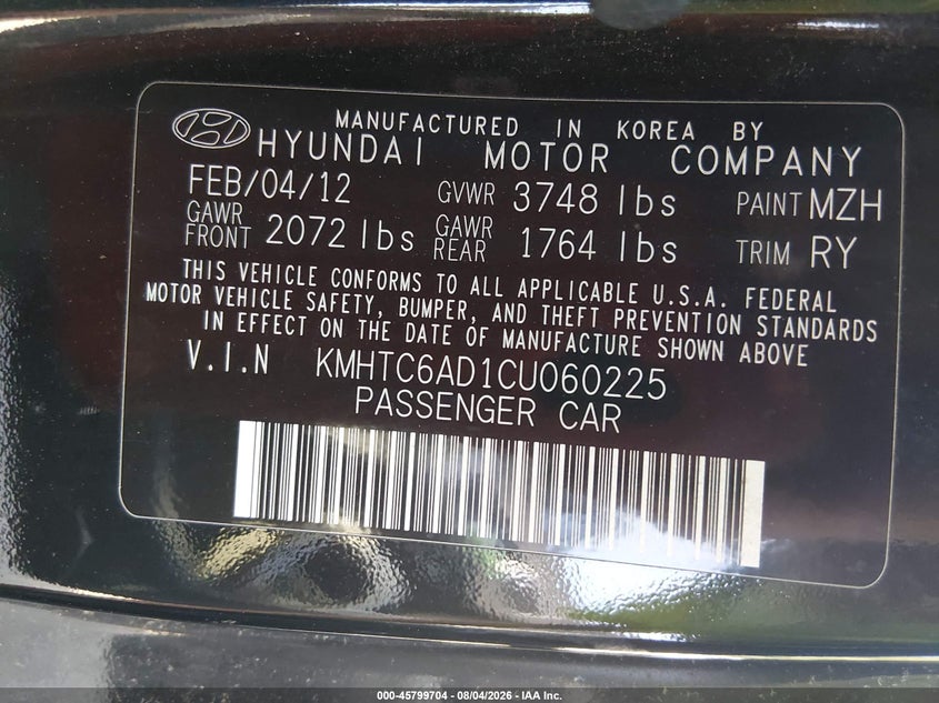 2012 HYUNDAI VELOSTER HATCHBACK 1.6L I-4 DI, DOHC, VVT, 138HP
