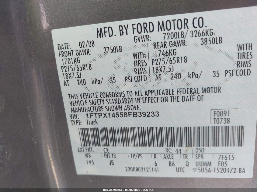 FORD F150 2008 VIN 1FTPX14558FB39233