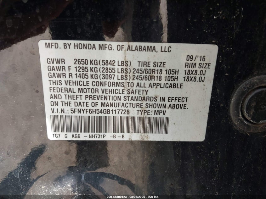 2016 HONDA PILOT SPORT UTILITY VEHICLE 3.5L V-6 DI, VVT, 280HP