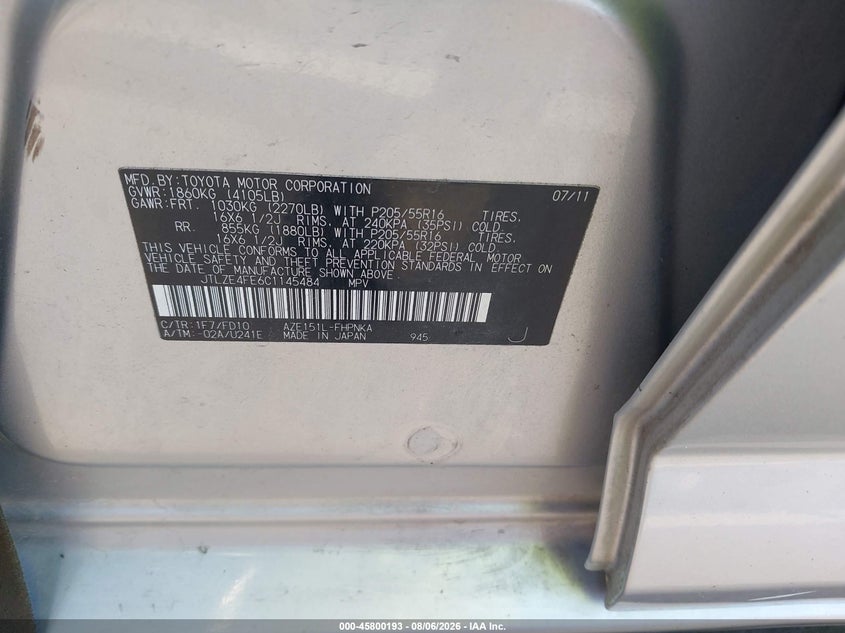 SCION XB 2012 VIN JTLZE4FE6C1145484