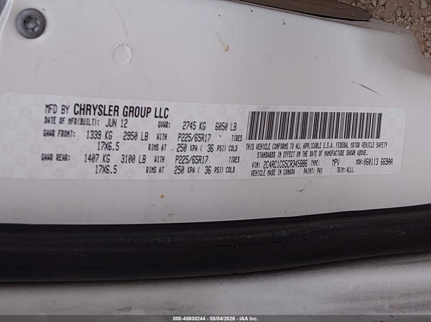 CHRYSLER TOWN & COUNTRY 2012 VIN 2C4RC1CG5CR345886