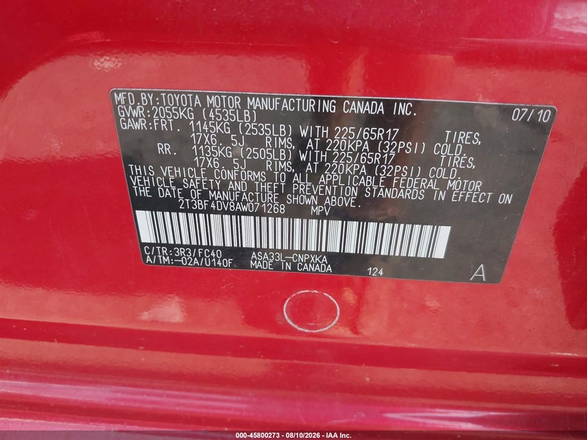 TOYOTA RAV4 2010 VIN 2T3BF4DV8AW071268