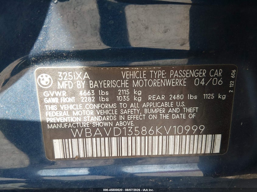BMW 325XI 2006 VIN WBAVD13586KV10999