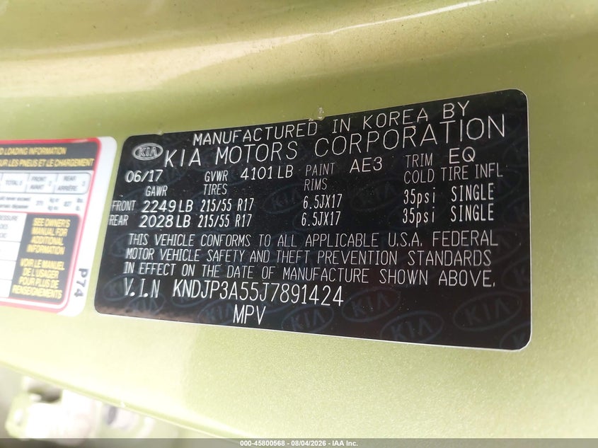 KIA SOUL 2018 VIN KNDJP3A55J7891424