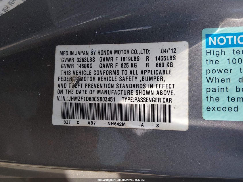 HONDA CR-Z 2012 VIN JHMZF1D60CS003451