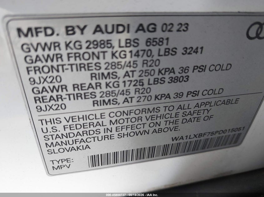AUDI Q7 2023 VIN WA1LXBF75PD015051