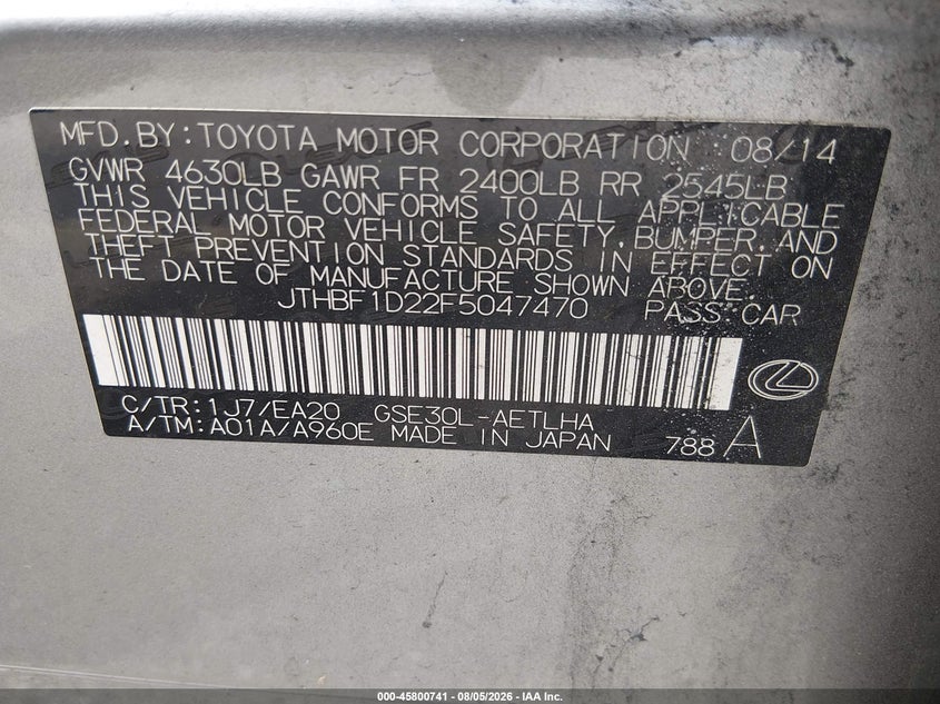 LEXUS IS 250 2015 VIN JTHBF1D22F5047470