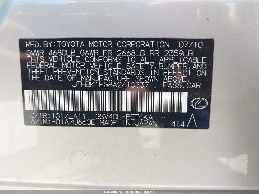 LEXUS ES 350 2010 VIN JTHBK1EG8A2410337