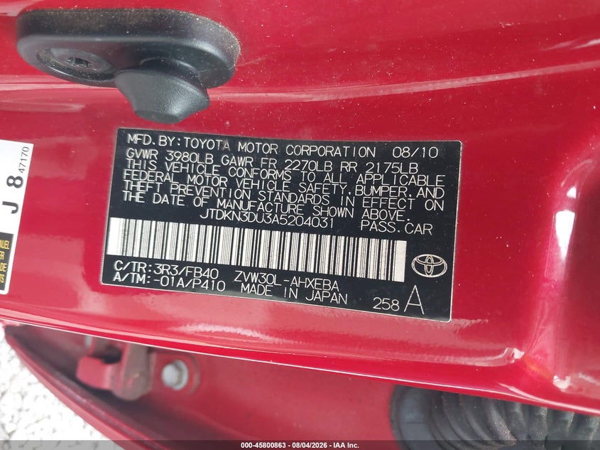 TOYOTA PRIUS 2010 VIN JTDKN3DU3A5204031