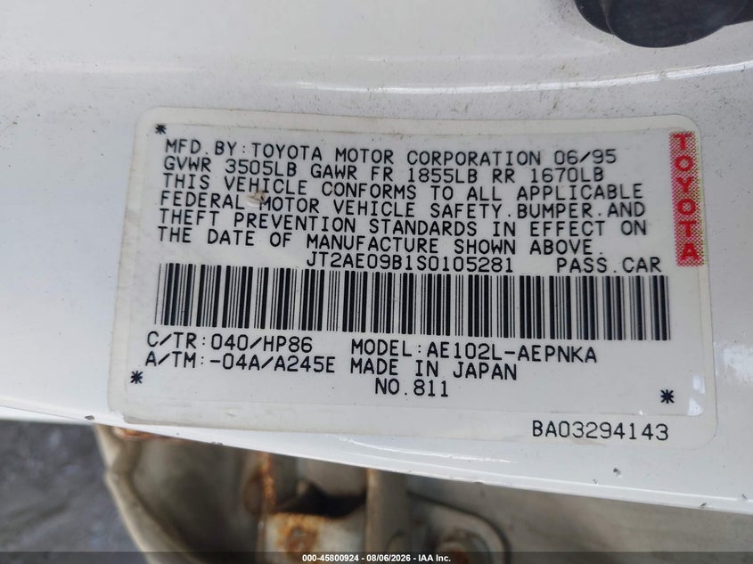 1995 TOYOTA COROLLA SEDAN 1.8L I4 FI F