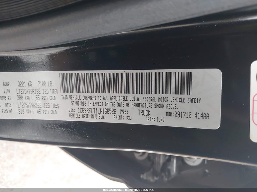 RAM 1500 2020 VIN 1C6SRFLT1LN168526